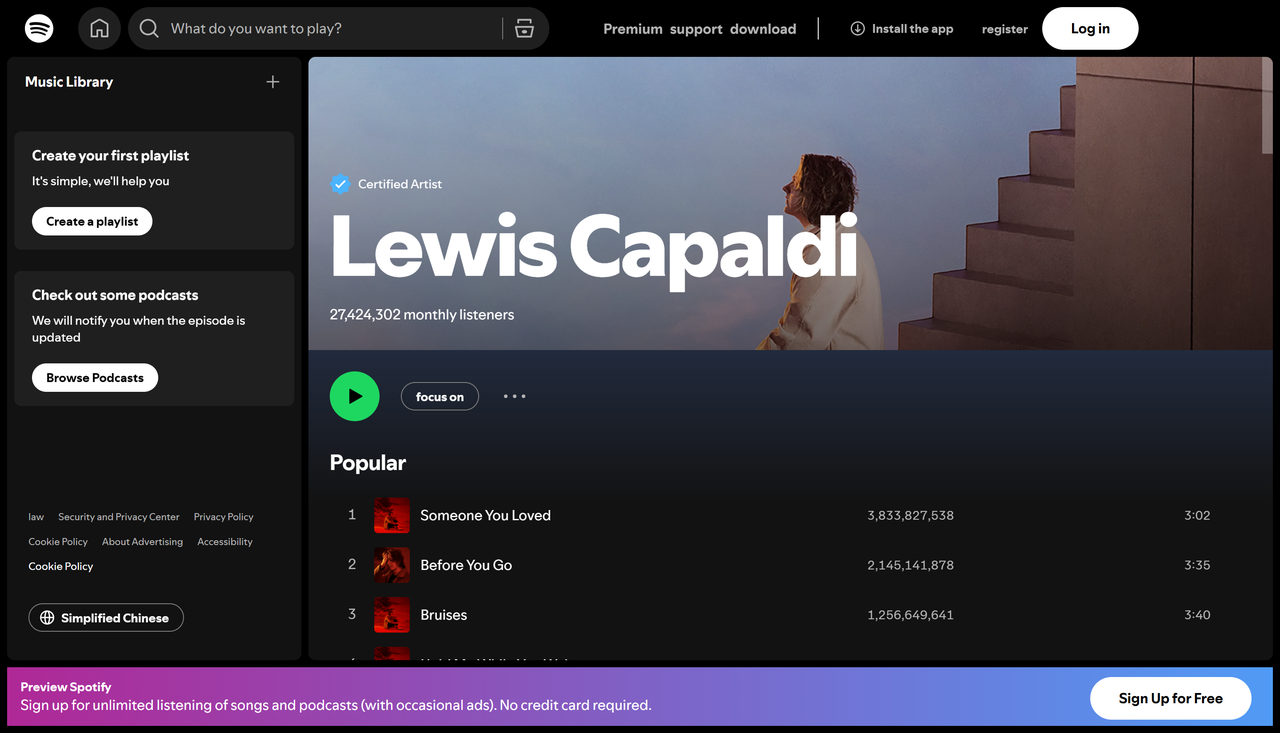 Minden idők leggyakrabban lejátszott dalának előadói a Spotify-on: Lewis Capaldi
