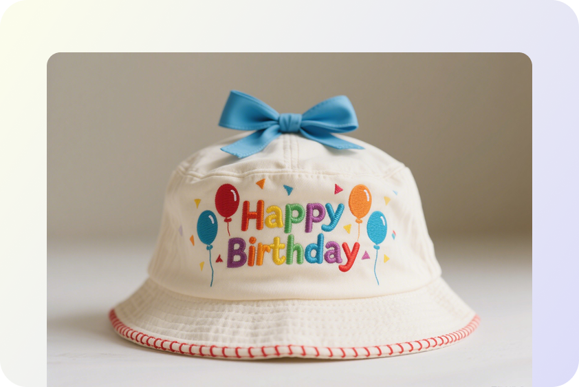 Custom event-themed hats in vibrant designs.