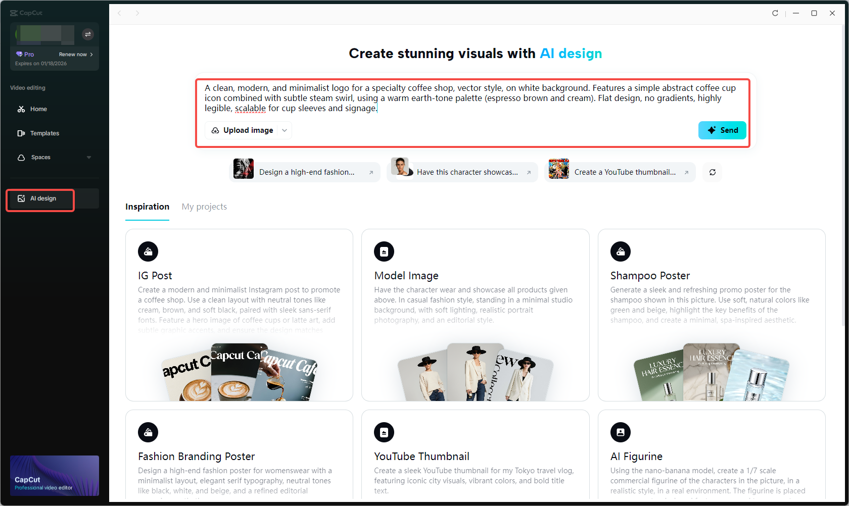 Accessing the AI design feature and writing your logo design prompt in CapCut