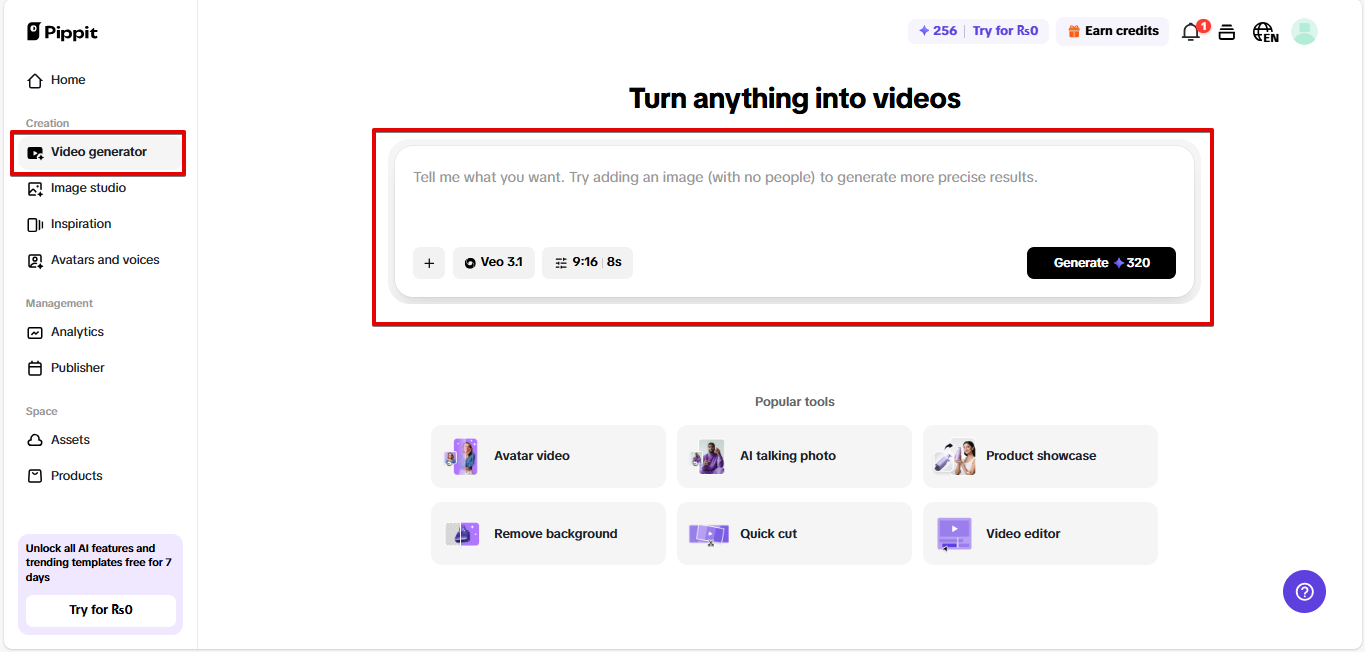 Opening AI video generator in Pippit