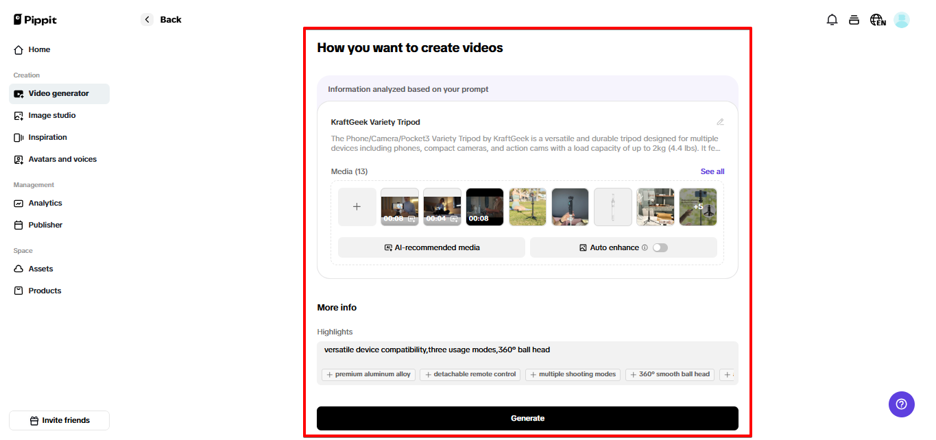 Generating video in Pippit