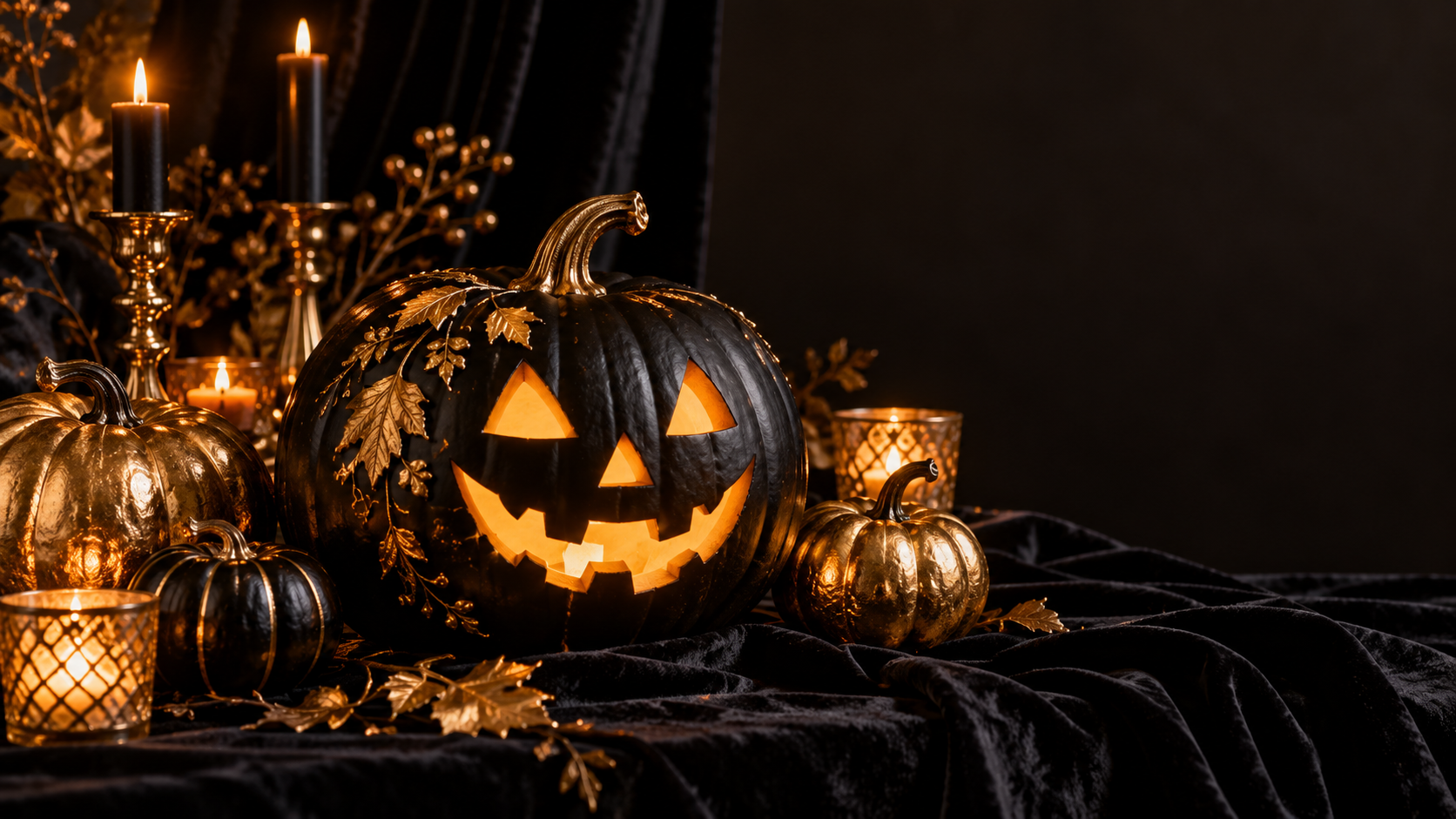 Halloween pumpkin image prompt: Black-and-Gold Pumpkin Still Life