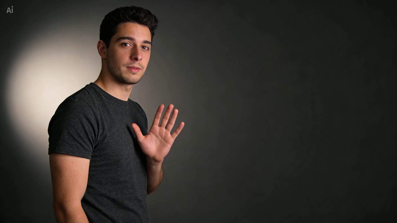A generated photograph of a man in a dark t-shirt standing left of center against a plain dark wall, one hand raised with the palm open toward the camera, the right half of the frame empty.