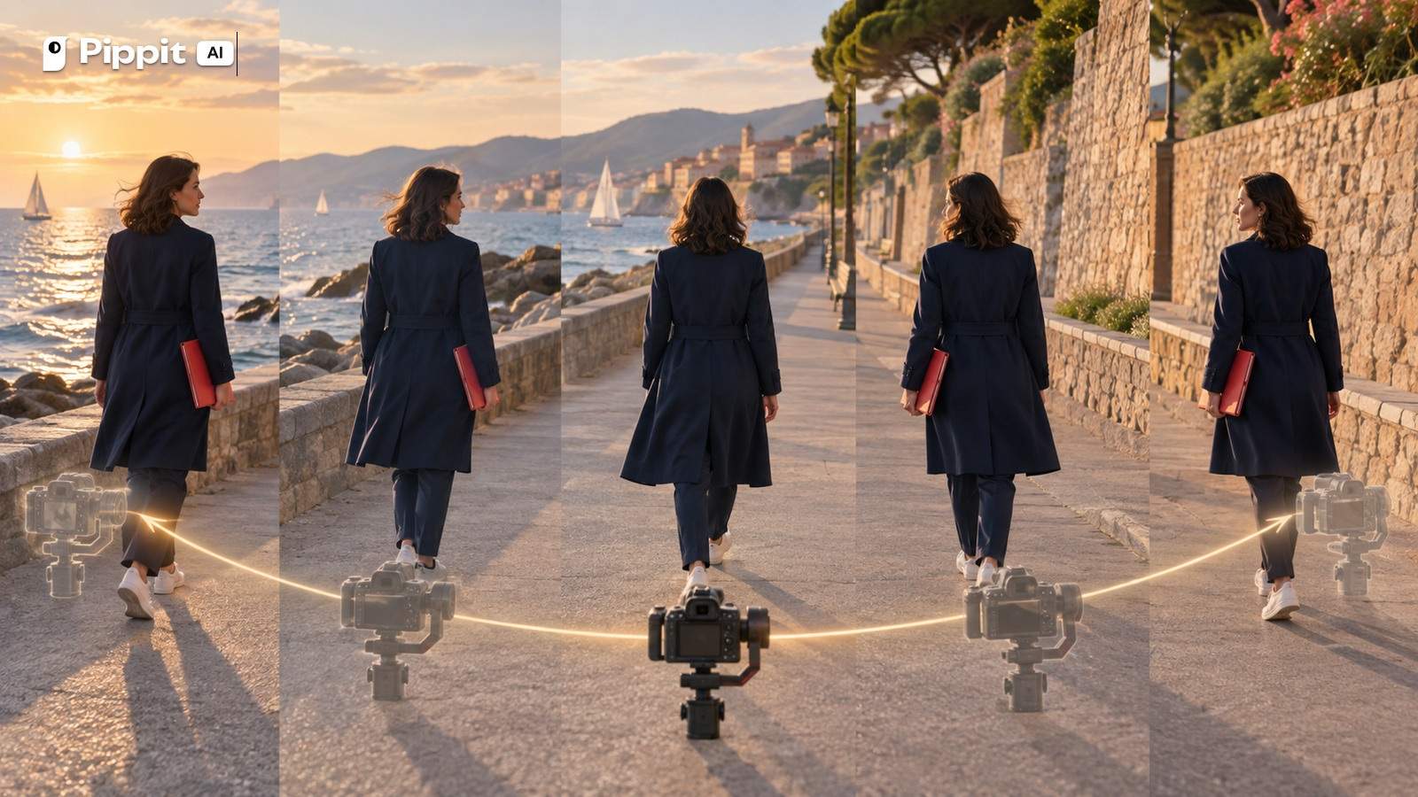 Five seaside stages show a camera arcing behind an adult woman as she keeps walking forward.