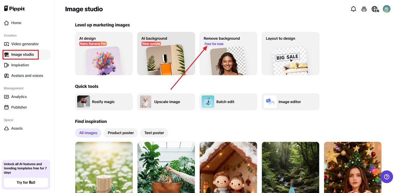 upload image in pippit background remover