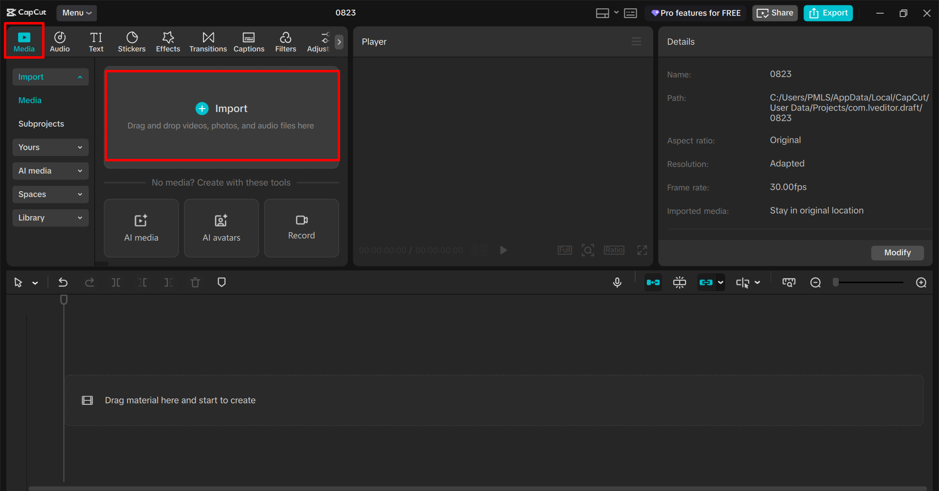 Importing the image in the CapCut desktop video editor