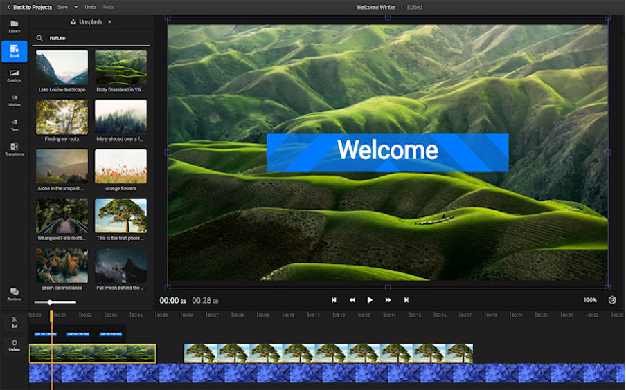 A video editor shows a Welcome title over green hills, media thumbnails, and layered timeline tracks.
