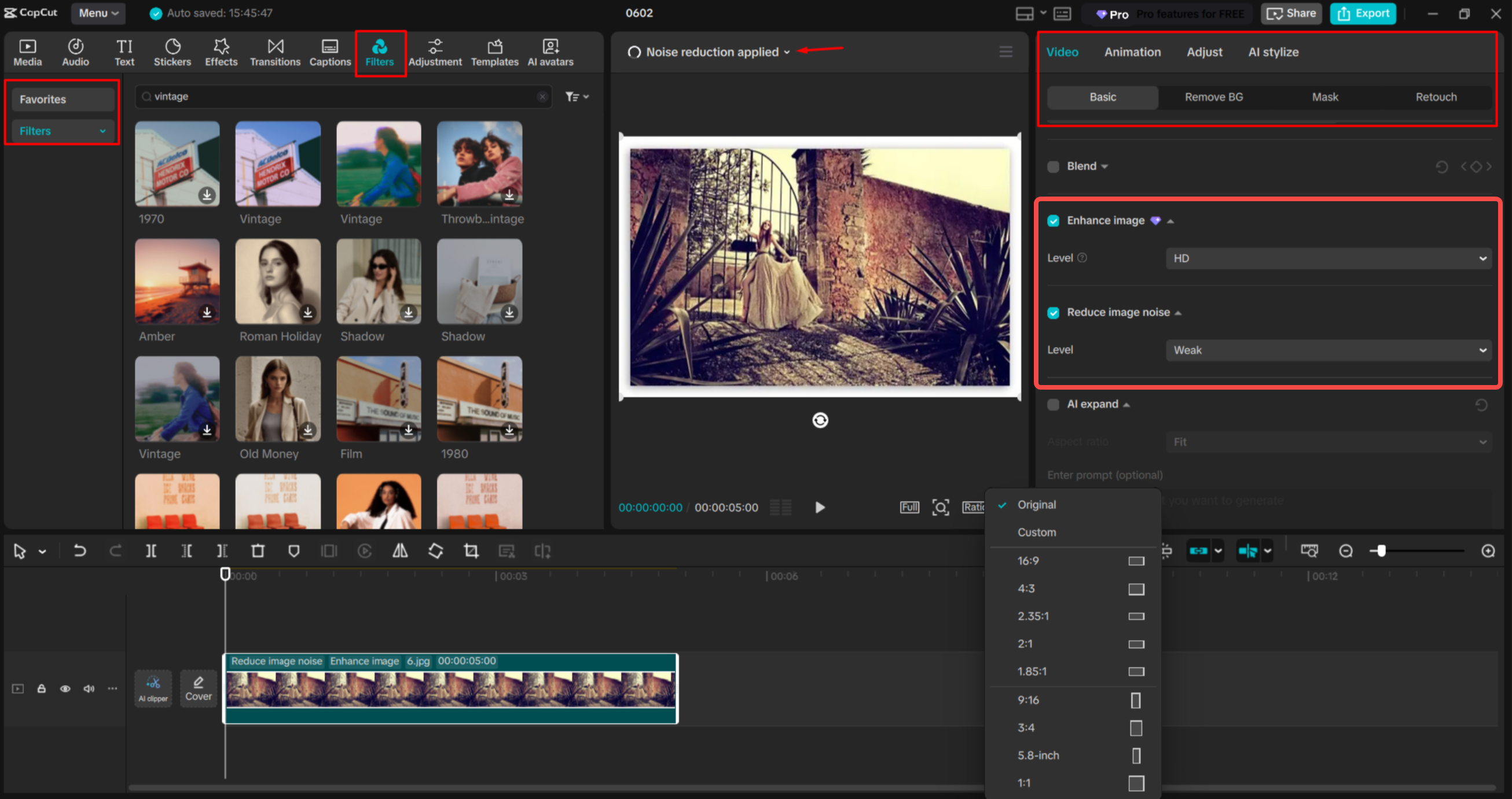 Restoring an image in the CapCut desktop video editor