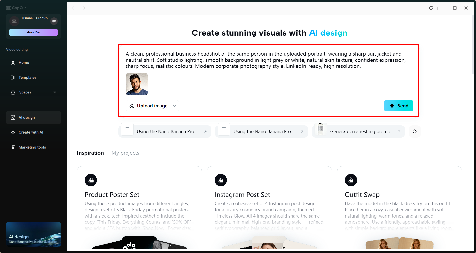 Accessing the AI design tool in the CapCut desktop video editor