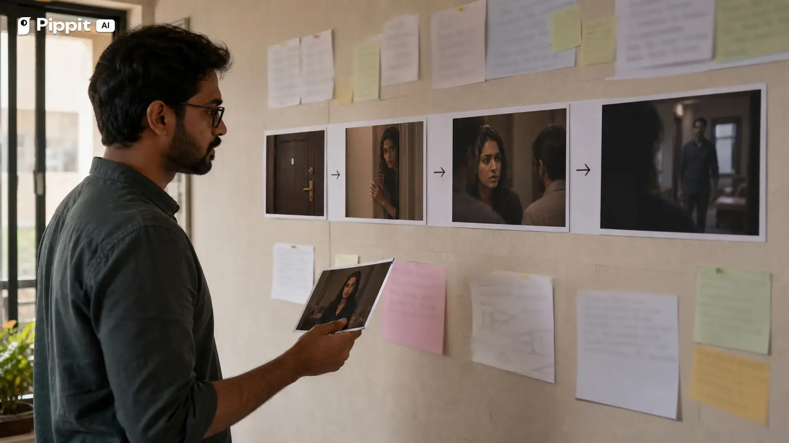 A screenwriter arranges four storyboard frames into a visible consequence chain.