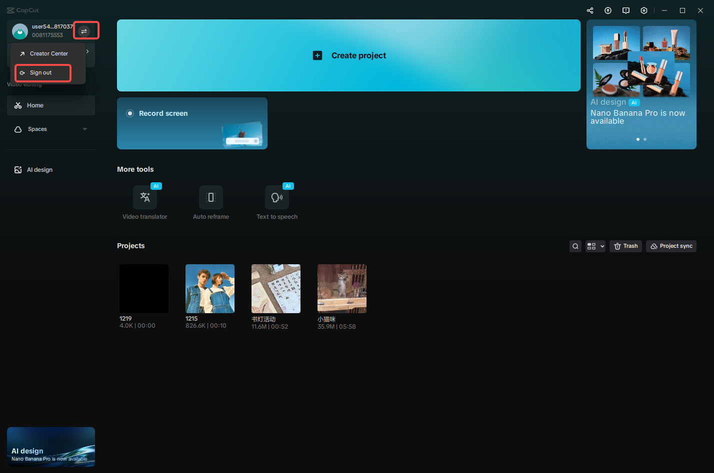 Sign out of the CapCut client