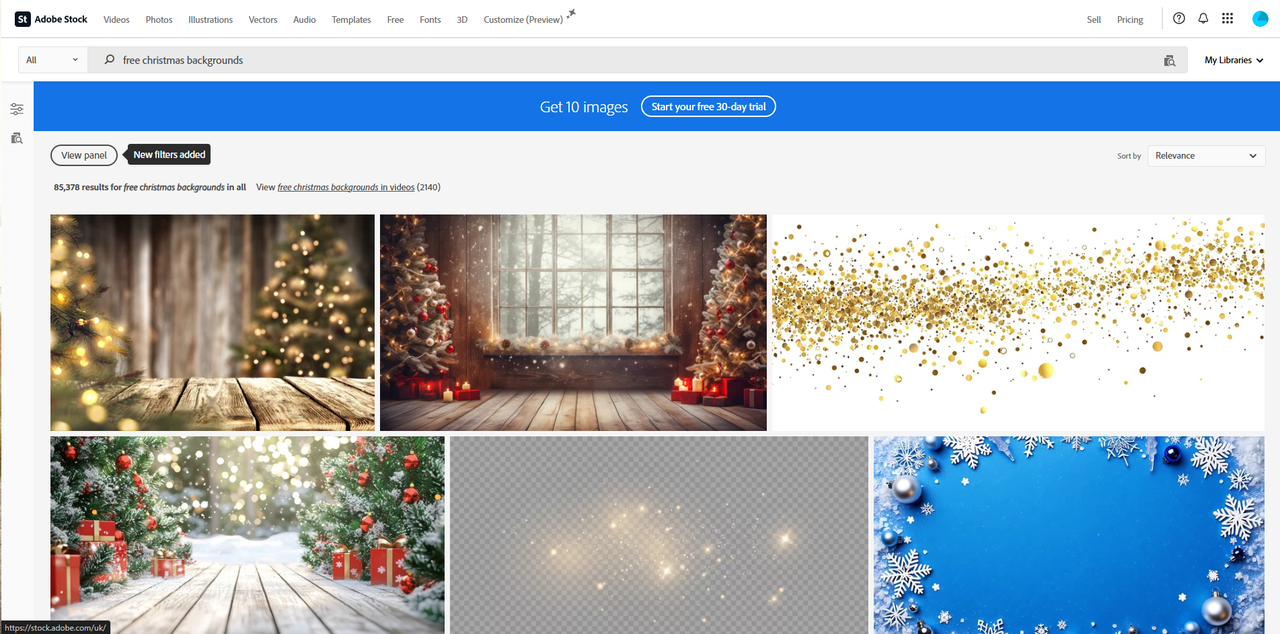 Interface of Adobe Stock - another site to download free Christmas background