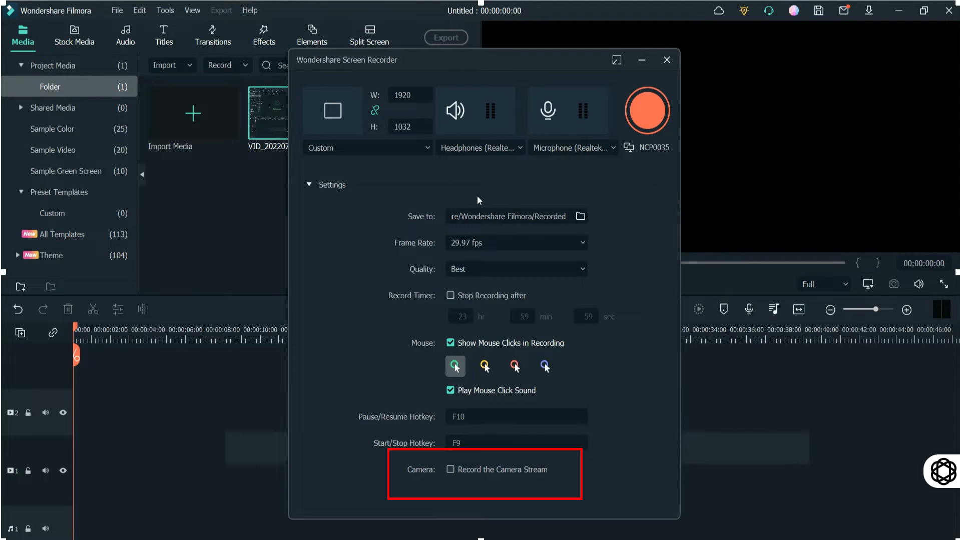 Adjusting screen recording settings on Filmora Screen