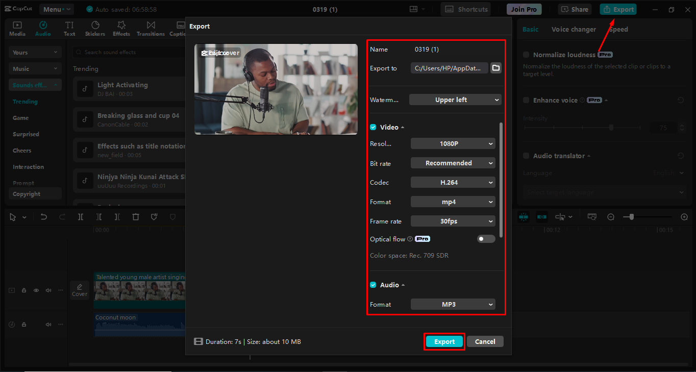 Exporting the video from the CapCut desktop video editor