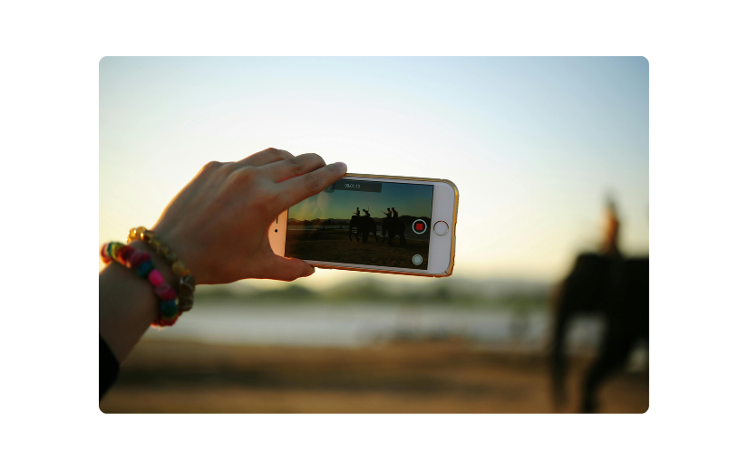 Close-up di una mano che tiene uno smartphone che registra un video di cavalli al tramonto, dimostrando la creazione di contenuti senza volto.
