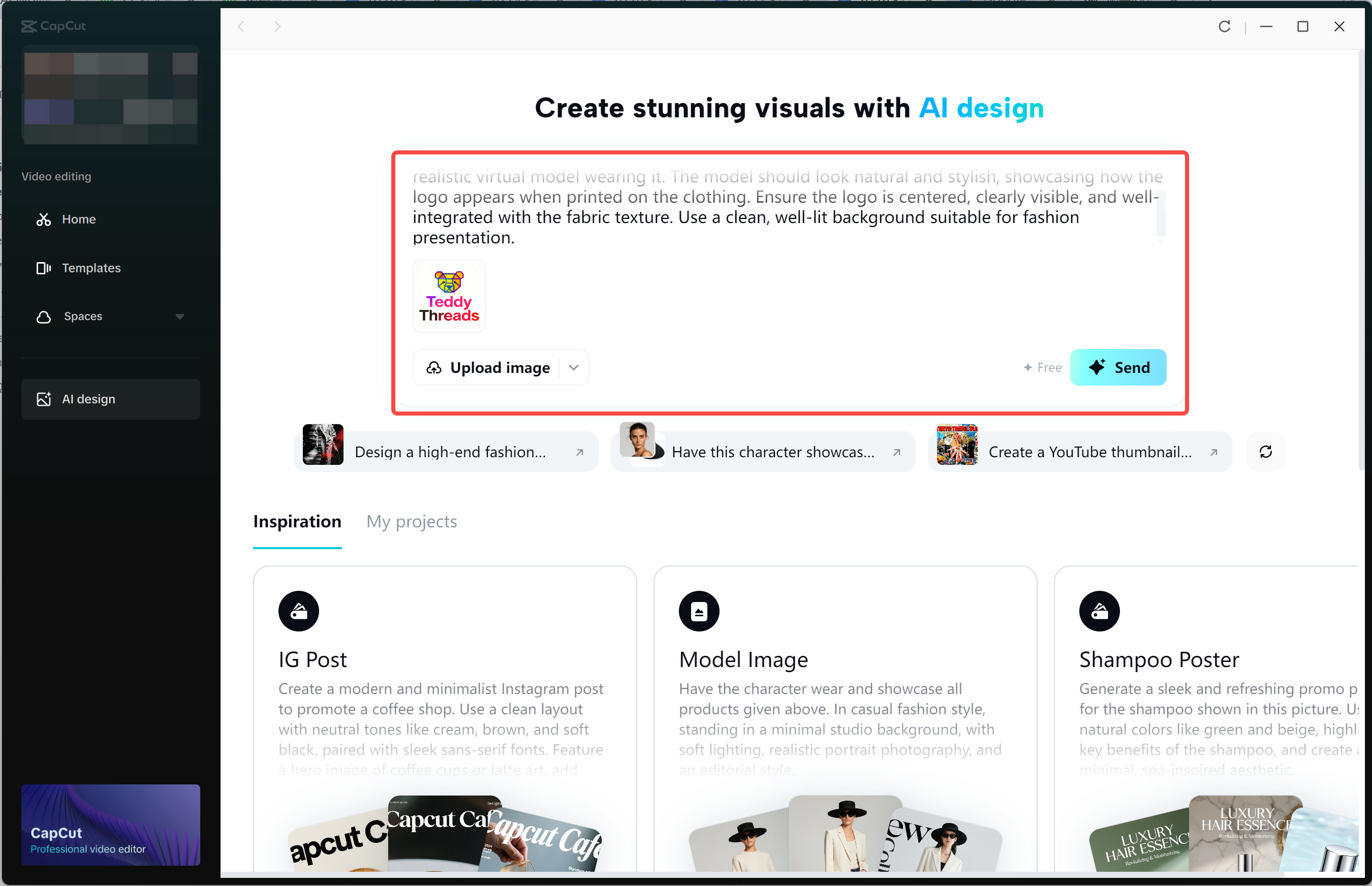 Uploading an image and entering the prompt on the CapCut desktop video editor