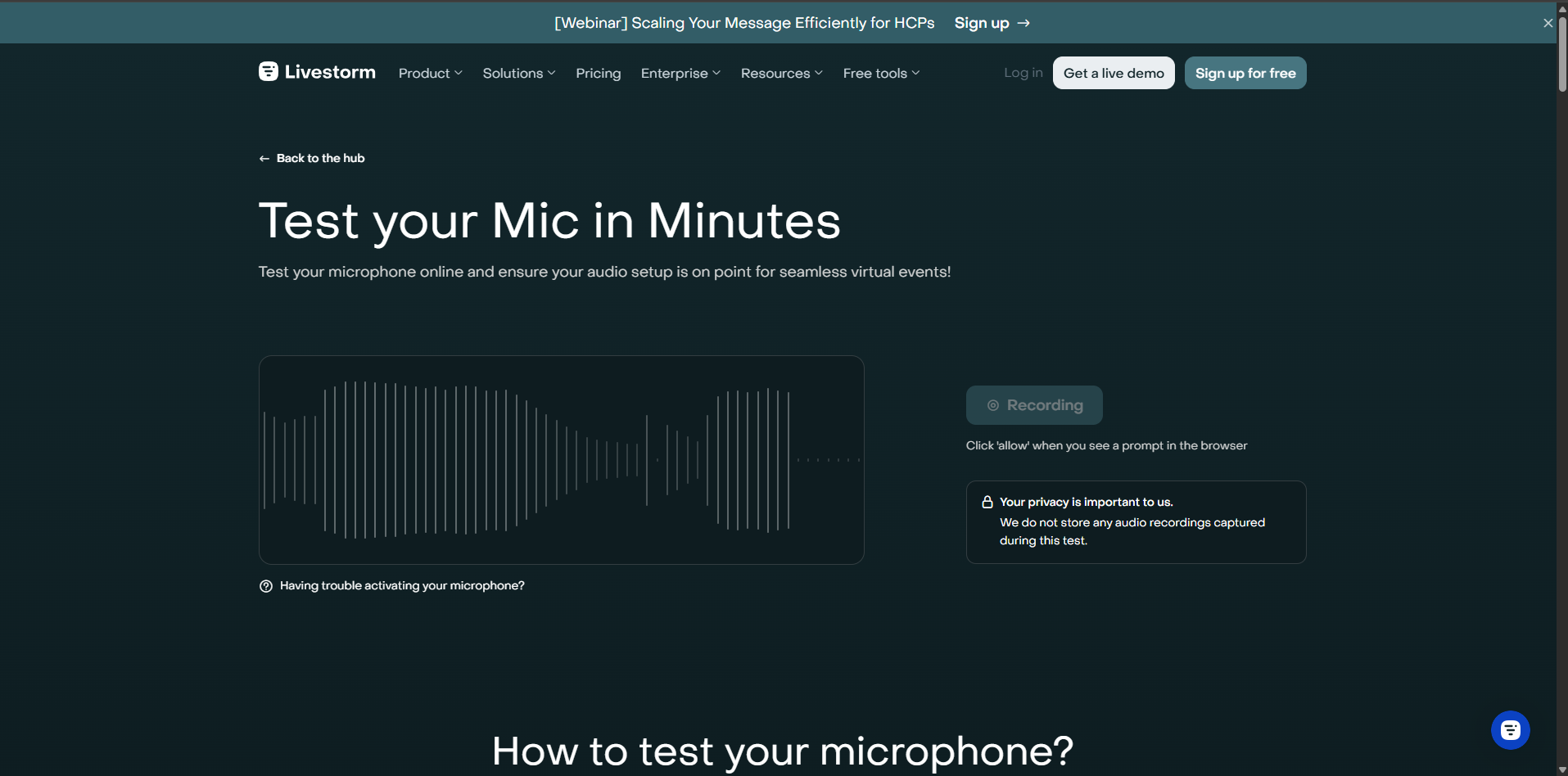 Interface of Livestorm - the easiest way to test your mic
