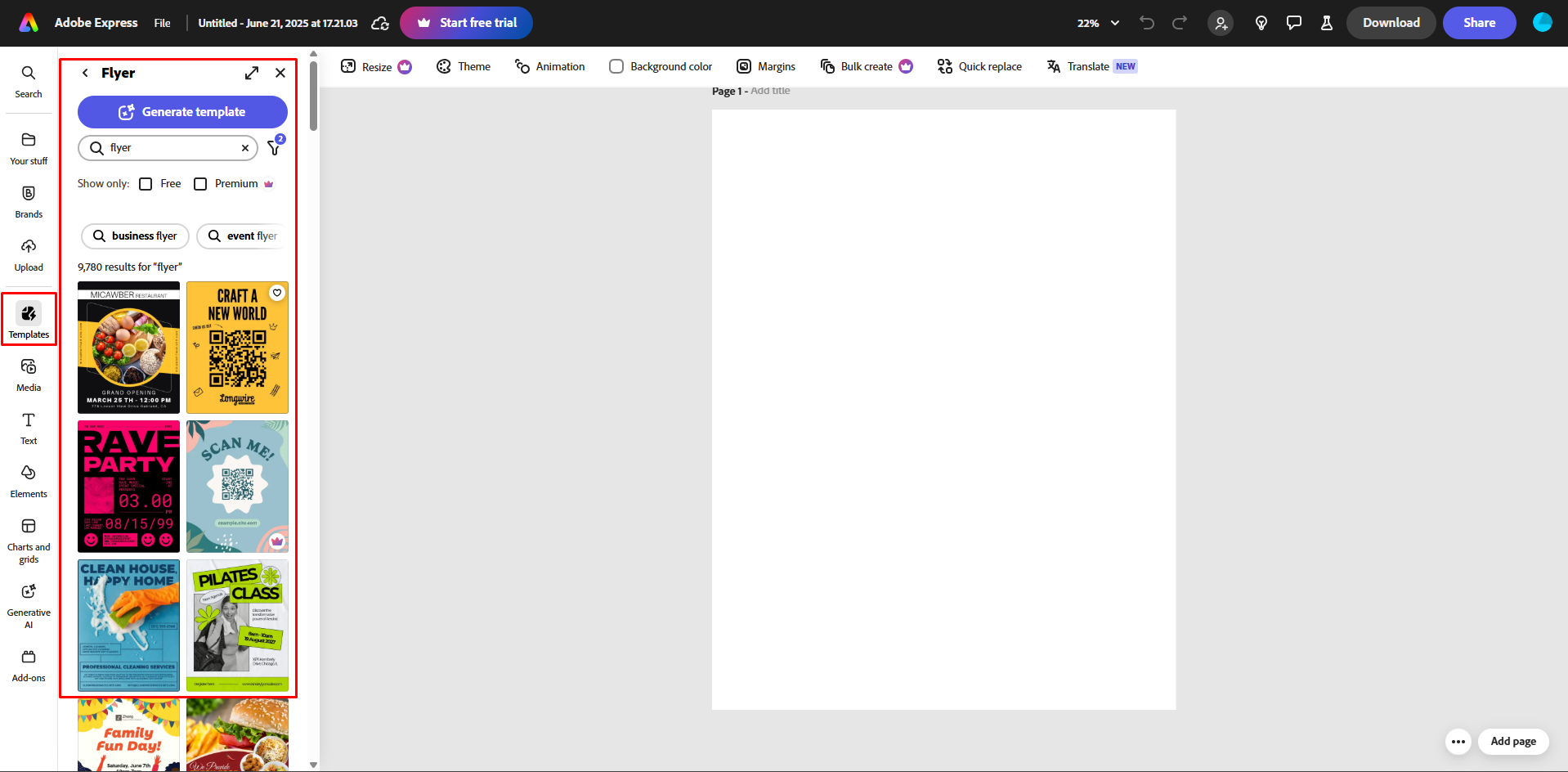 Choosing a flyer template in Adobe