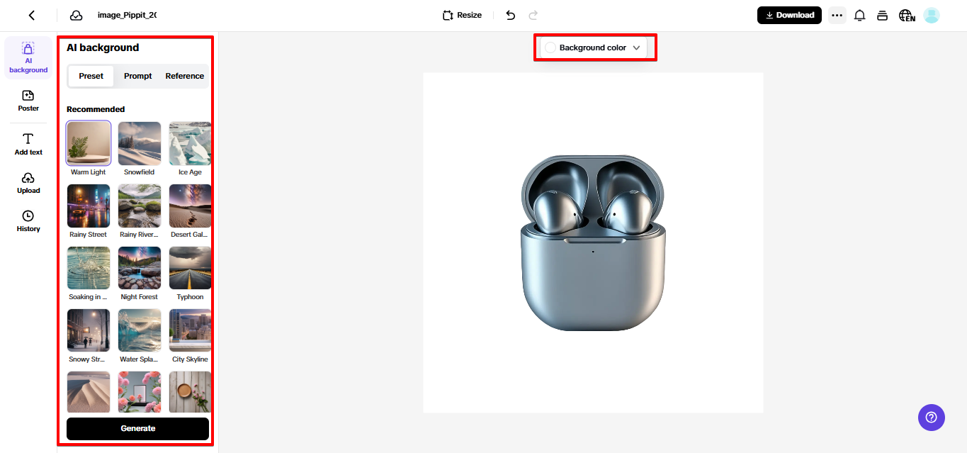 Creating product images in Pippit