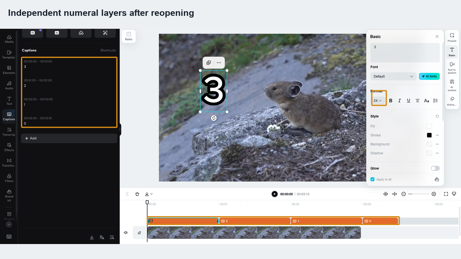 Four caption rows timed from zero to three and a half seconds, with numeral 3 selected and its font size set to 24.