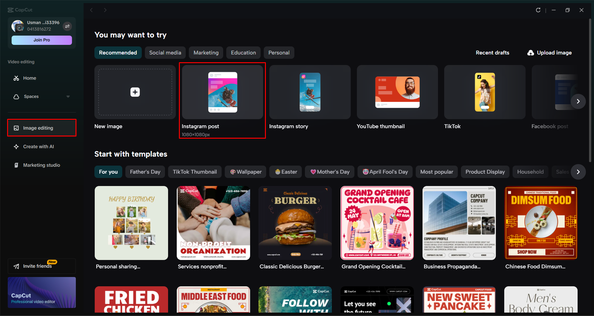 Accessing the Instagram post tool in the CapCut desktop video editor