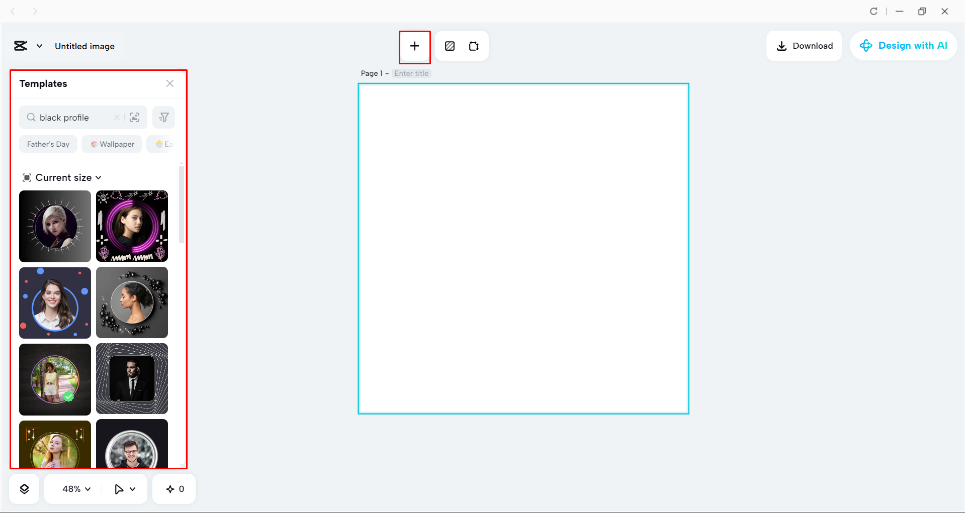 Choosing a black profile image template in CapCut