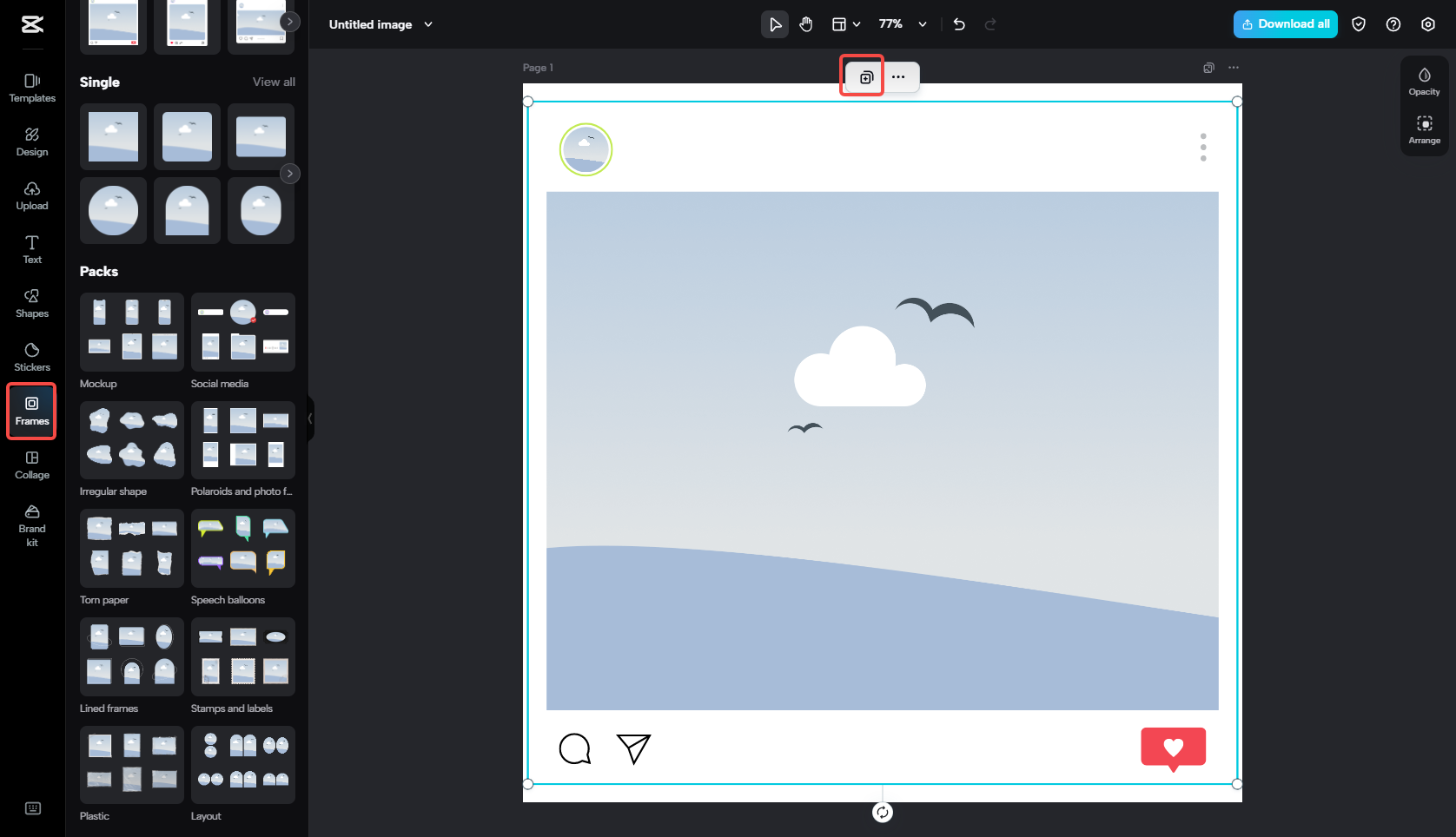 Selecting a photo frame in CapCut