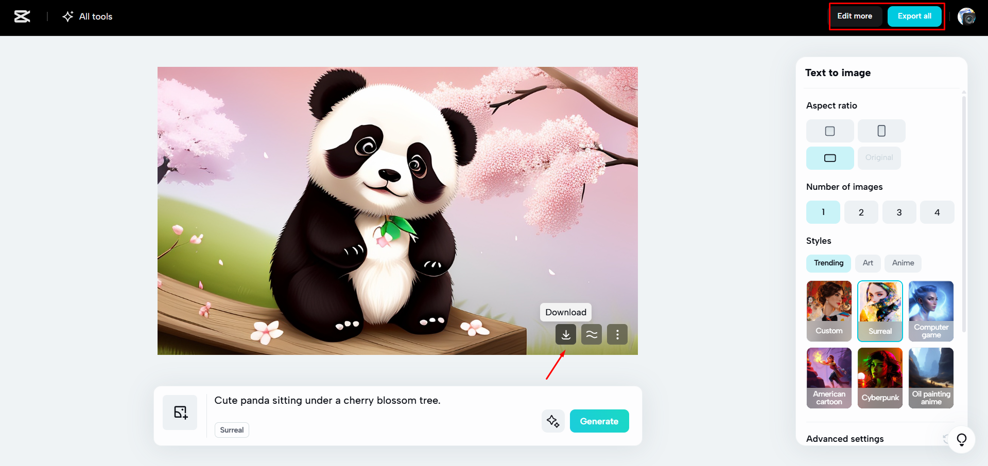 การดาวน์โหลดภาพที่สร้างโดย AI จาก CapCut Web