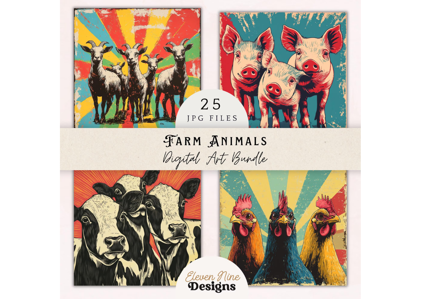 Retro farm animal poster with muted colors