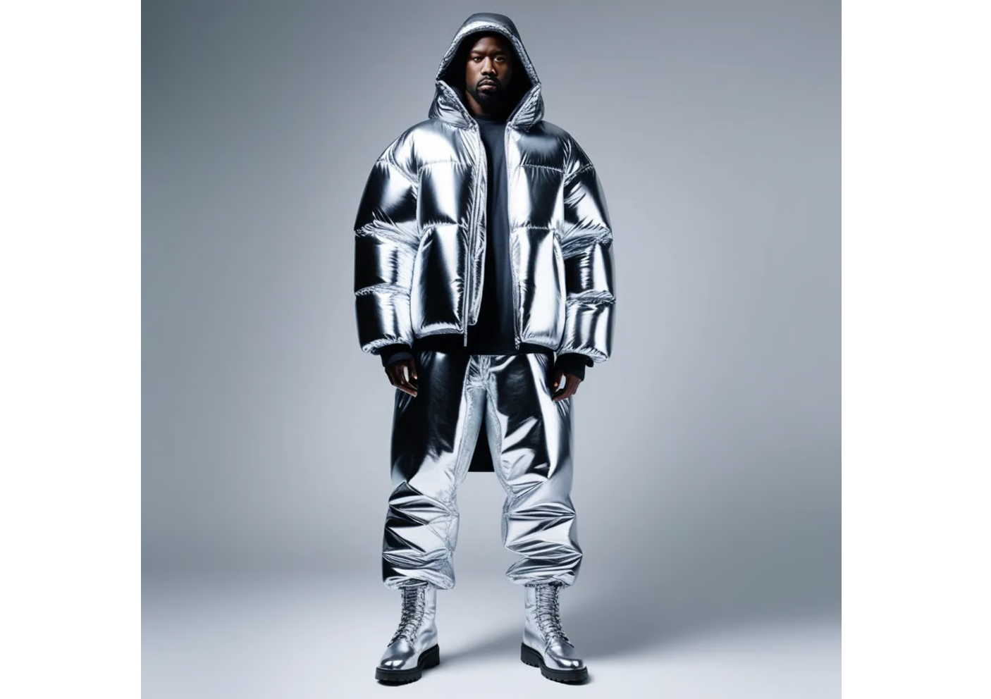 AI model in metallic tech streetwear
