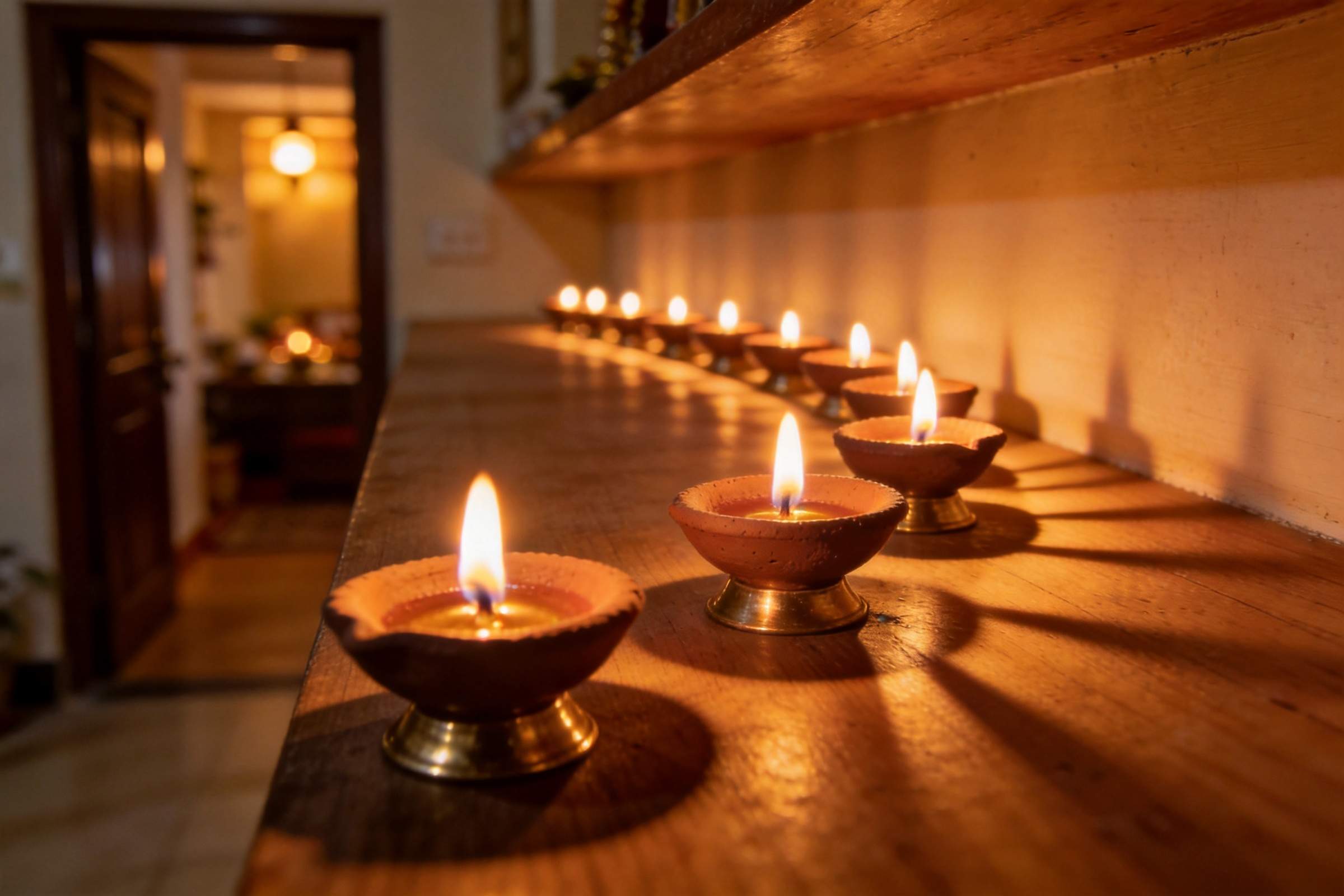 Row of lit oil lamps on a wooden shelf, glowing warmly indoors