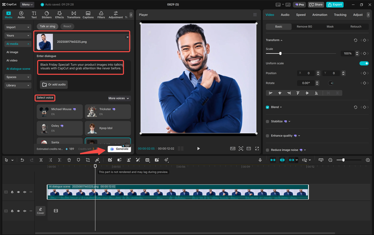 Uploading image and generating an AI dialogue scene with the CapCut desktop video editor