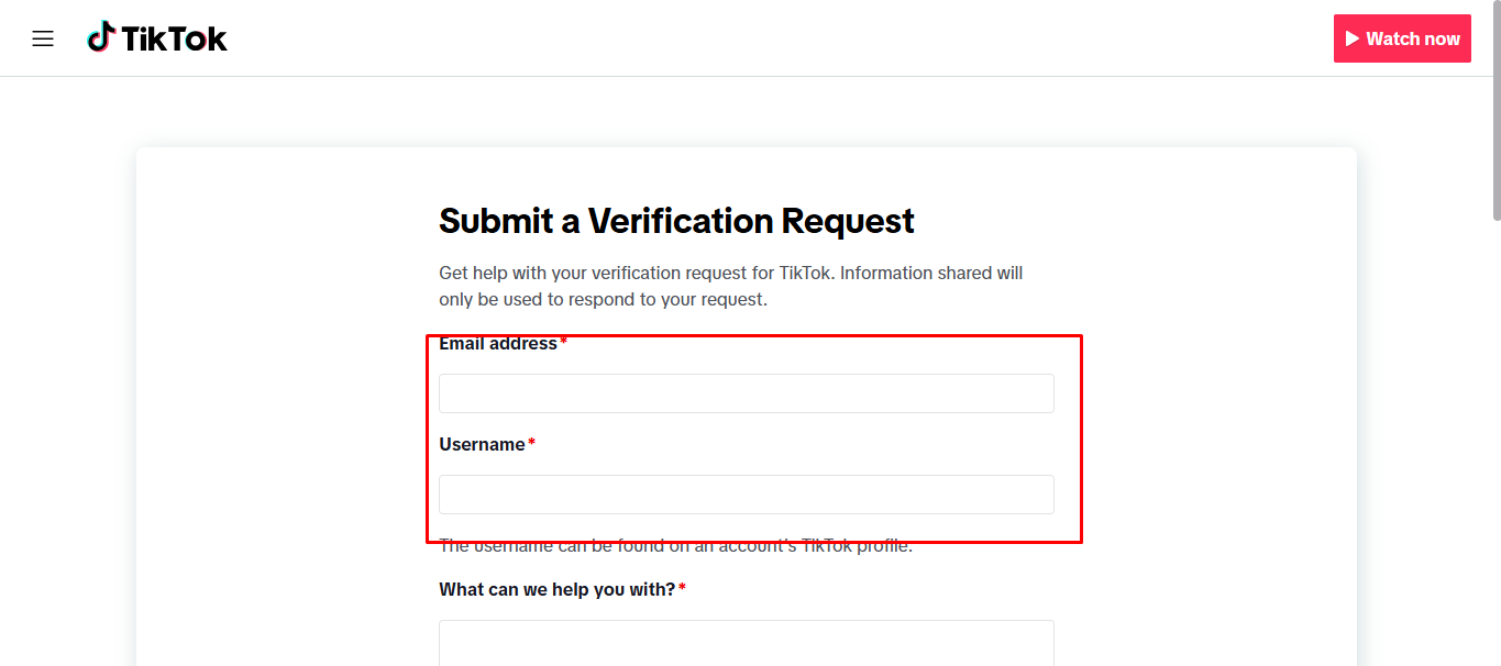Filling out the required information on the TikTok verification form