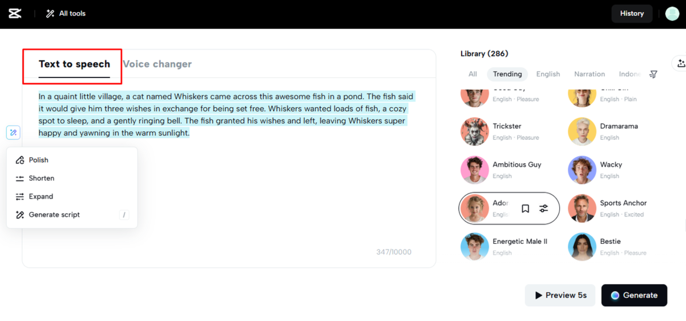 Funkce převodu textu na řeč v CapCut Web