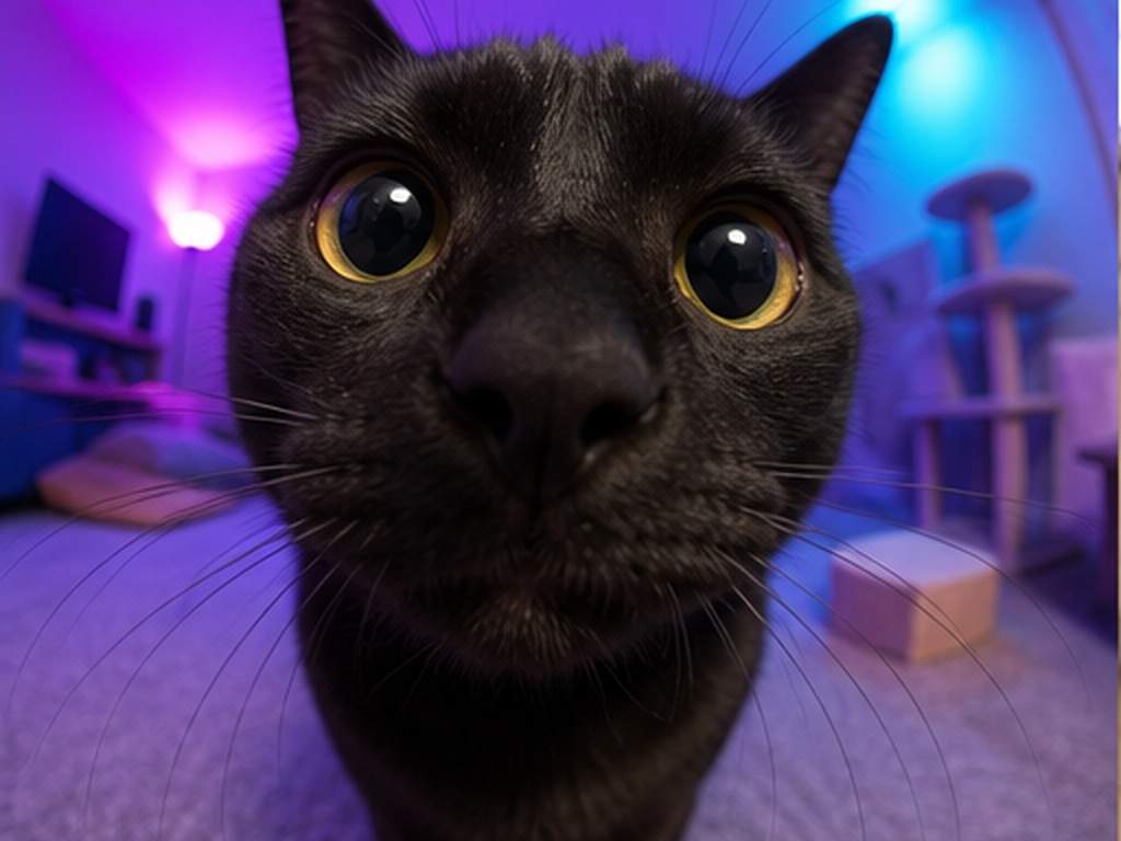 Fisheye Pet Photo AI Prompts prompt Beispiel 4 - Schwarze Katze Neon Zimmer