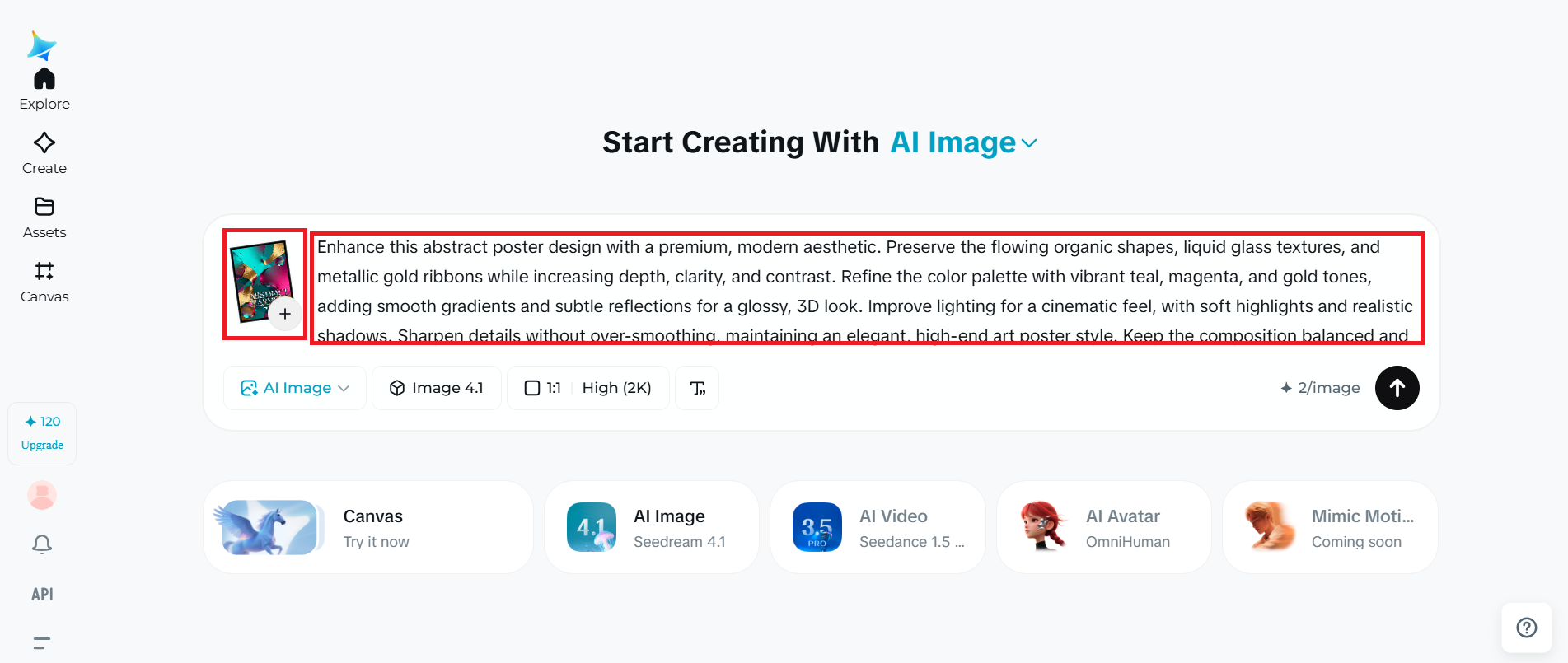 Write a prompt and upload an image