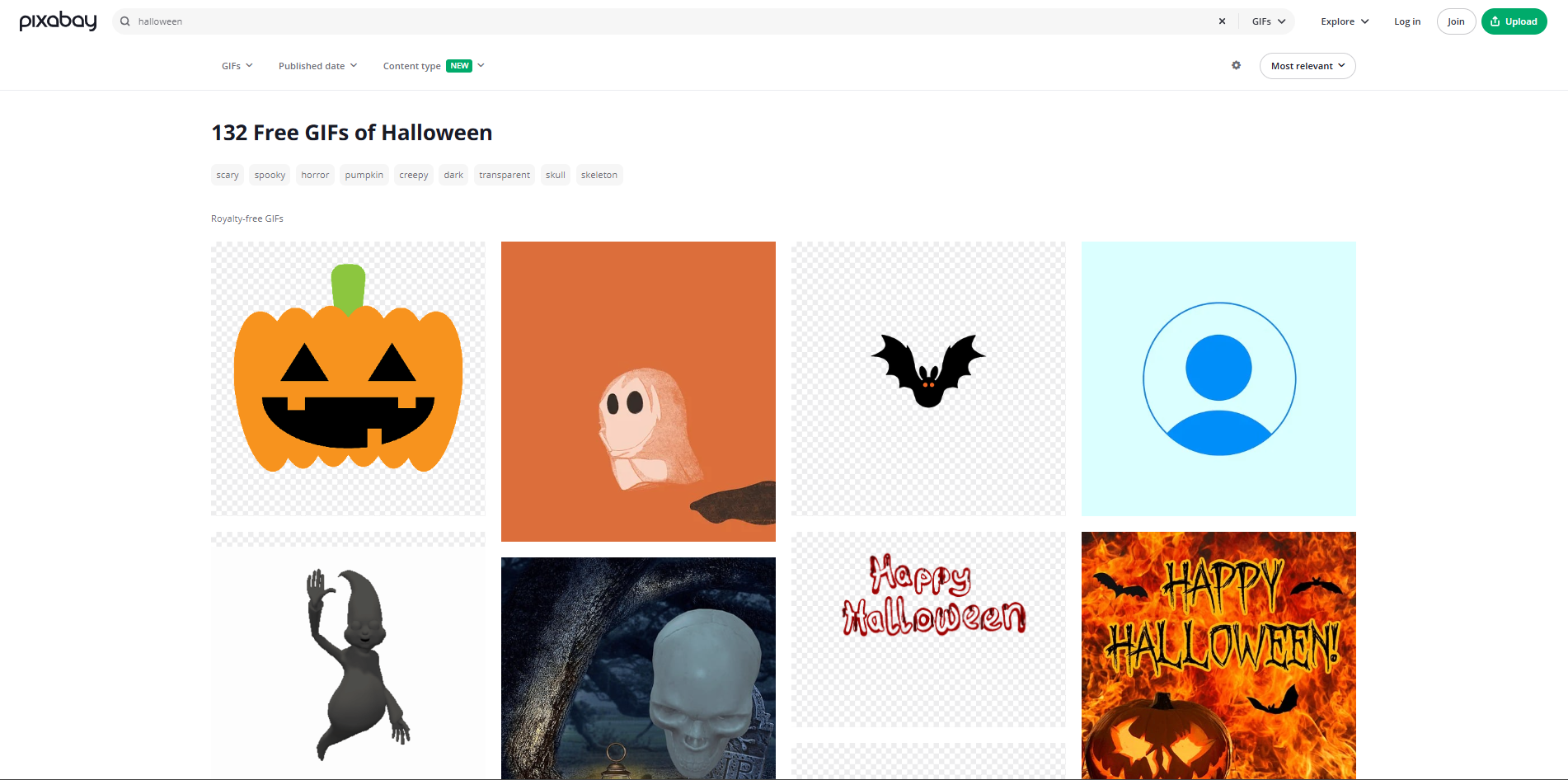 Interface of Pixabay - a resource for free Halloween GIFs