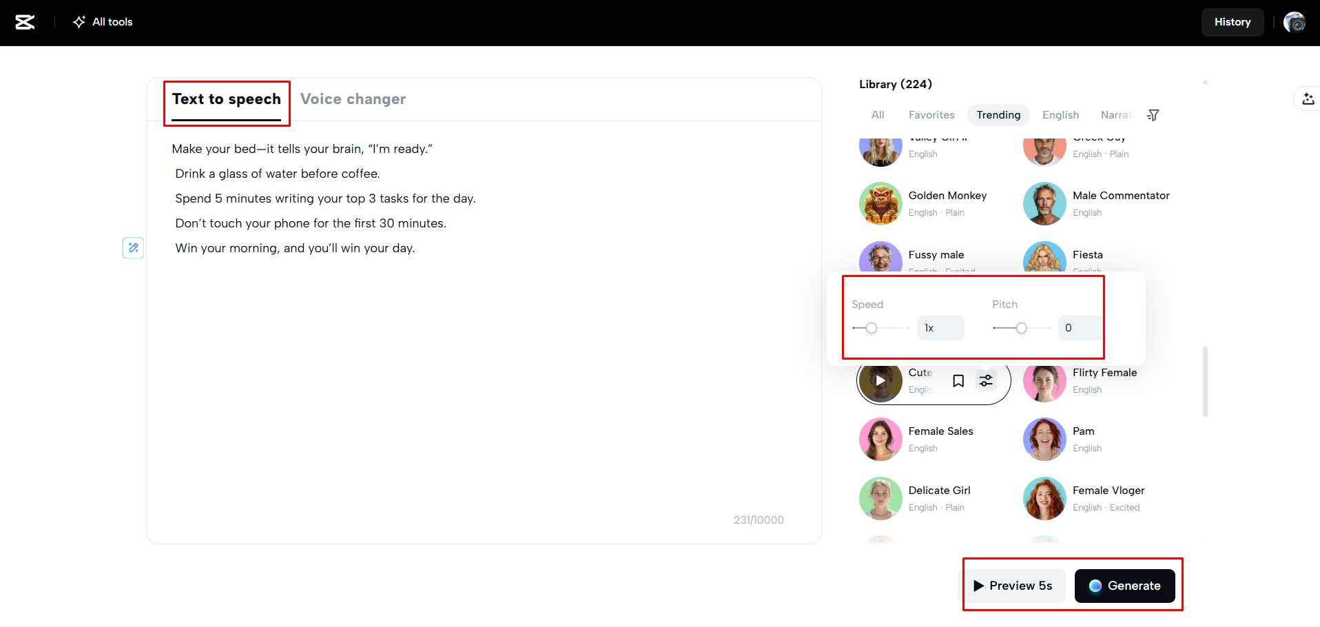 Converting text to child voice in CapCut Web