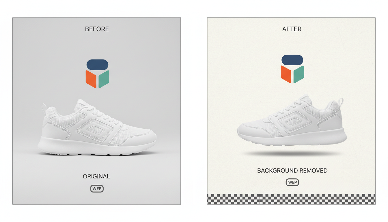 Before/after background remover demo: sneaker and abstract logo cleanly cut out with subtle transparency checkerboard indicator, minimal off-white layout, no trademarks.