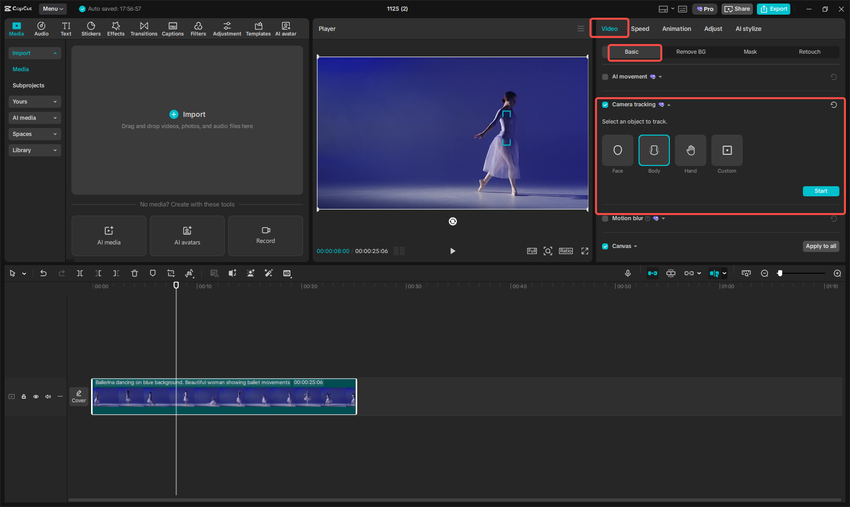 Camera tracking on the CapCut desktop video editor