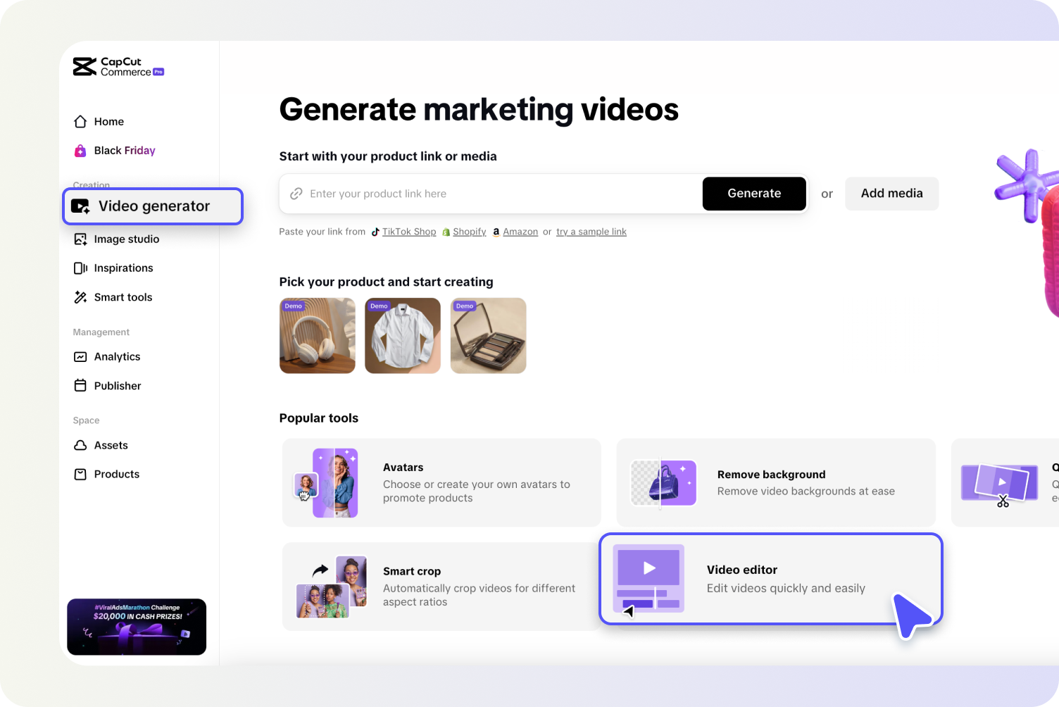 description=Pippit's Video Generator interface showing the prominent "Add media" button for uploads and the "Paste a product URL" field.