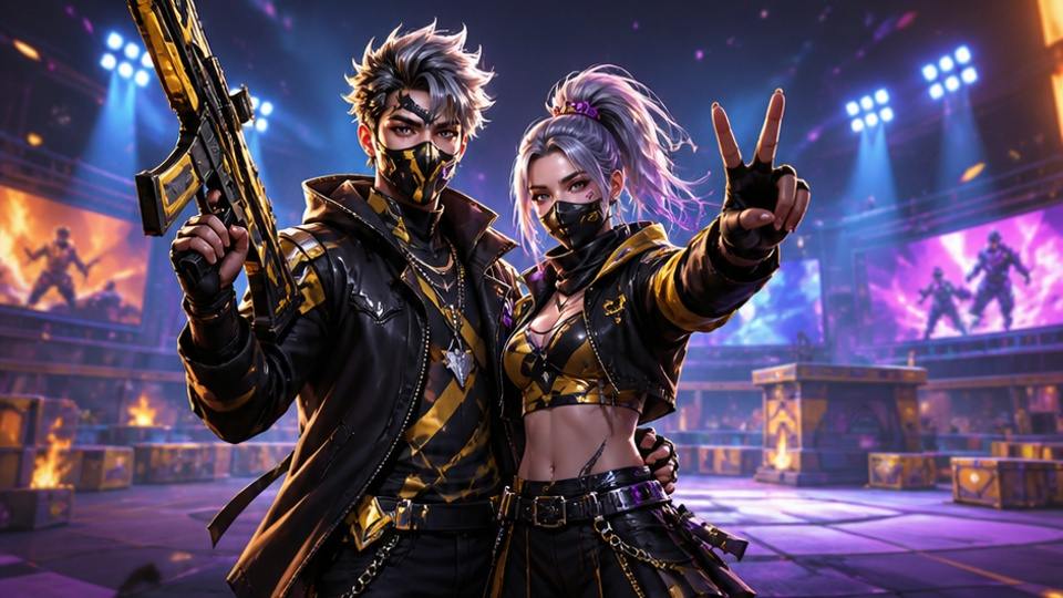 Gemini Free Fire Couple Prompts — two game-inspired partners posing in a dramatic arena