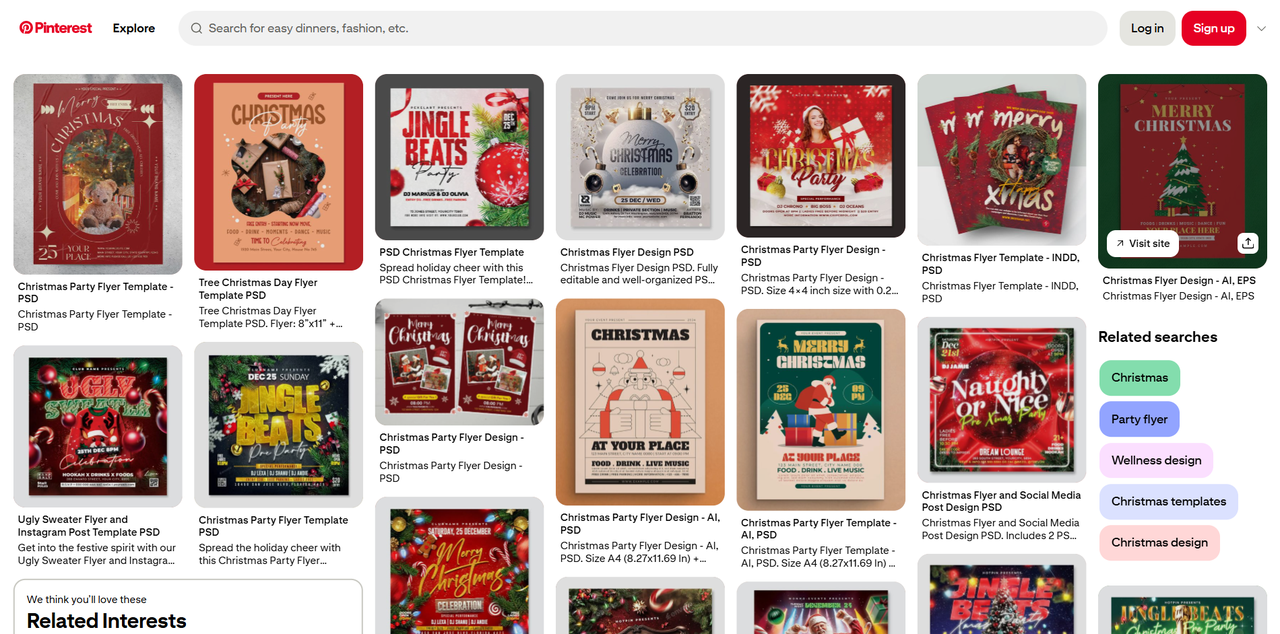 Interface of Pinterest - a platform with engaging Christmas flyer templates