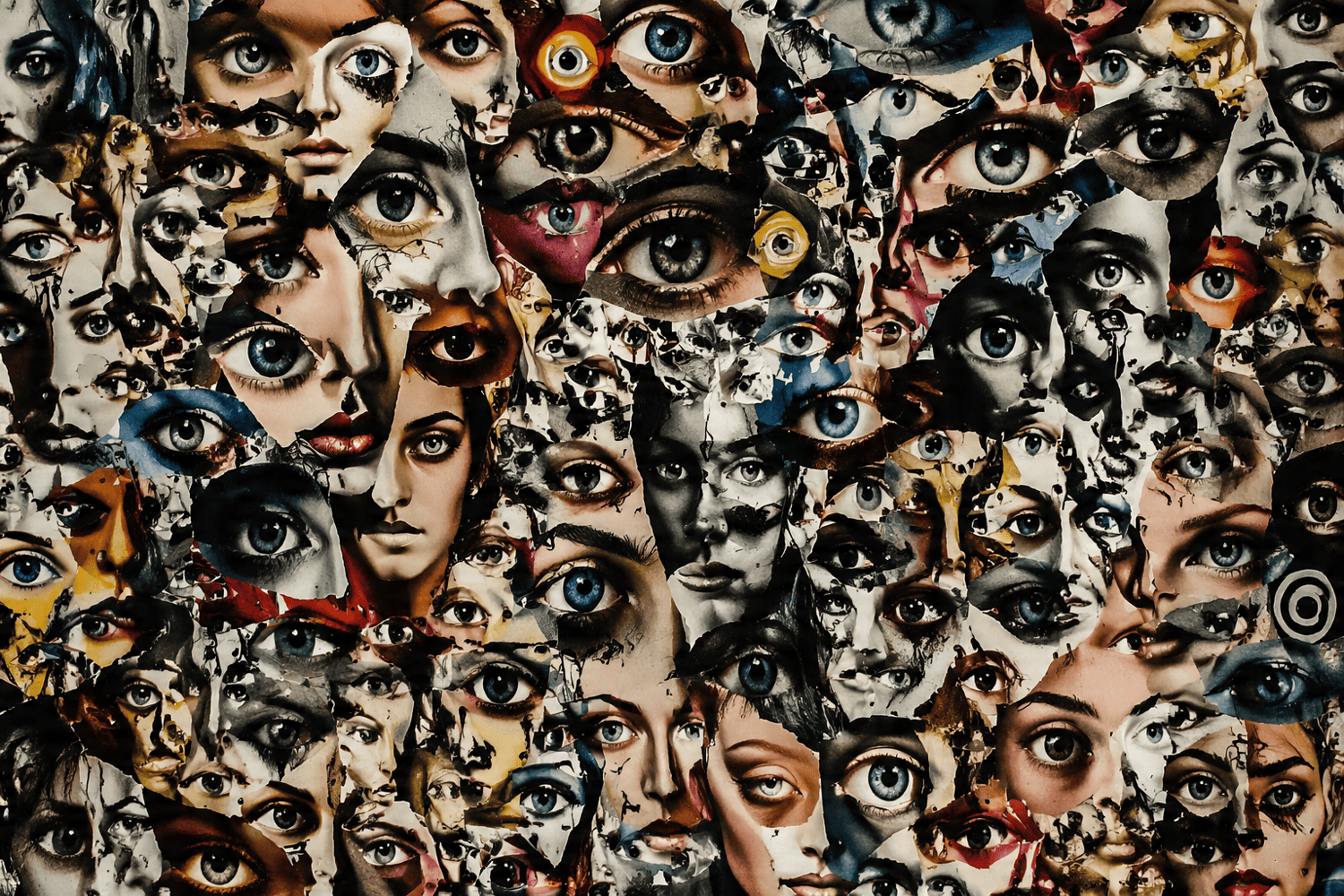 Abstract collage of small eye and face fragments