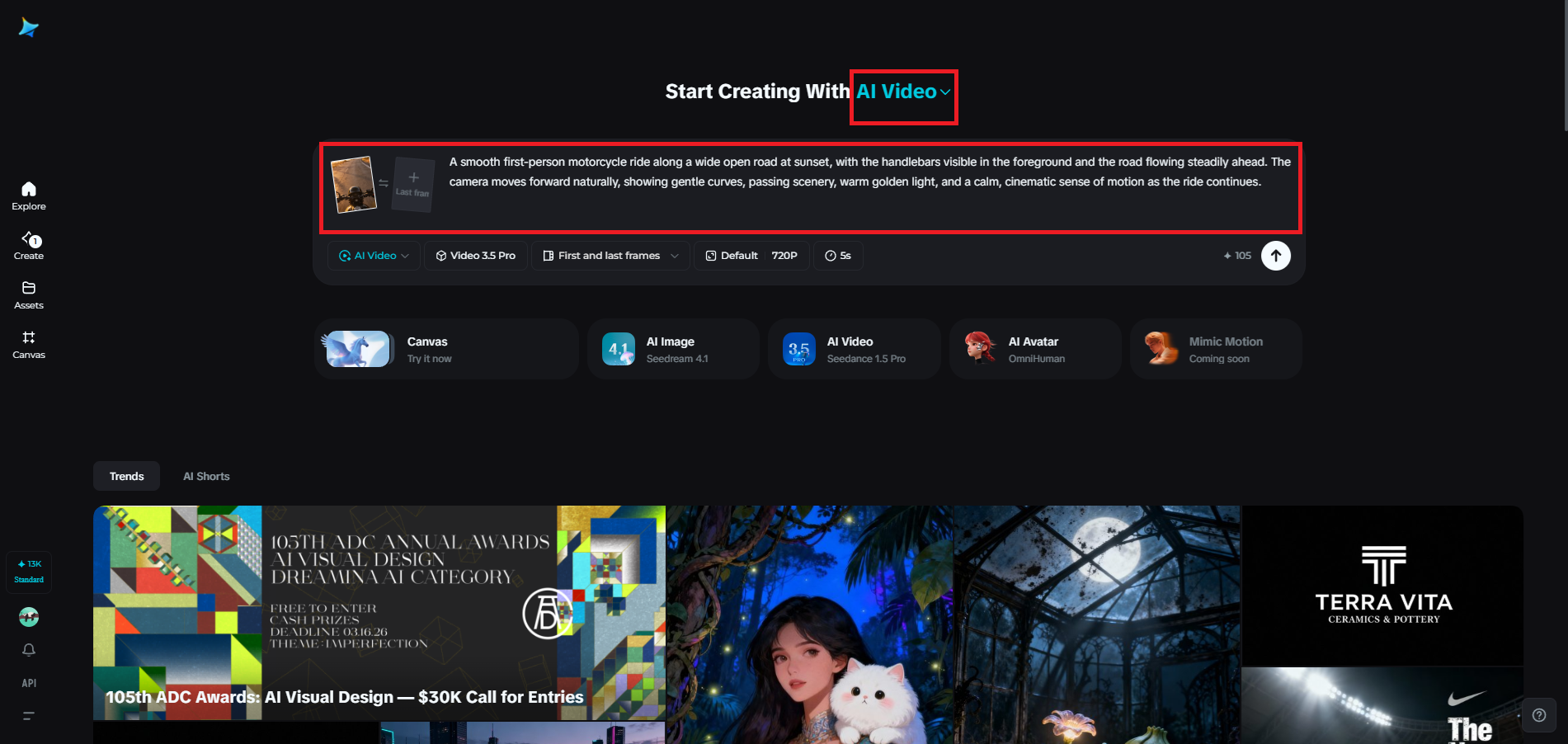 Accesați AI Video și adăugați promptul de mișcare