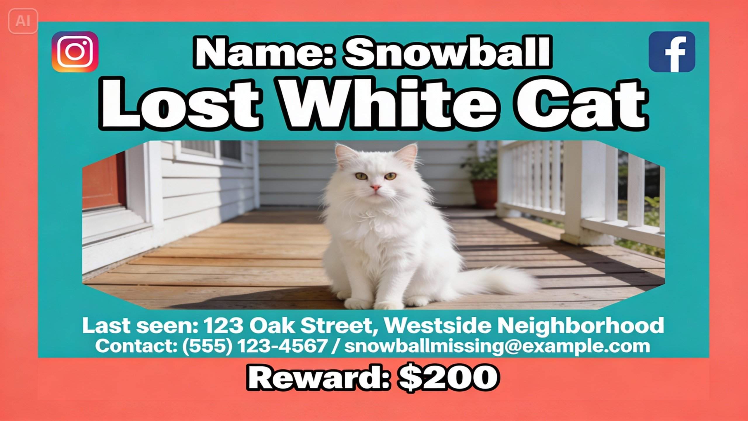 Missing pet flyer for a white cat for social media