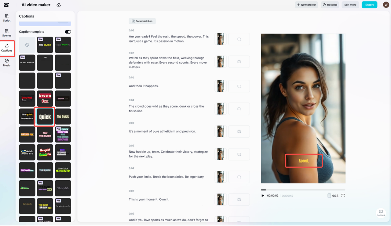 Adding captions to video in CapCut's AI video maker