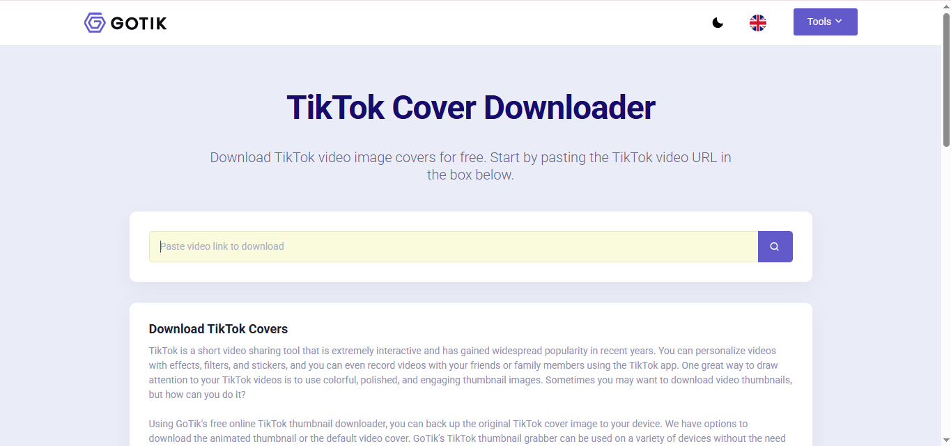 Interface of Gotik- a simple tool for TikTok video thumbnail download
