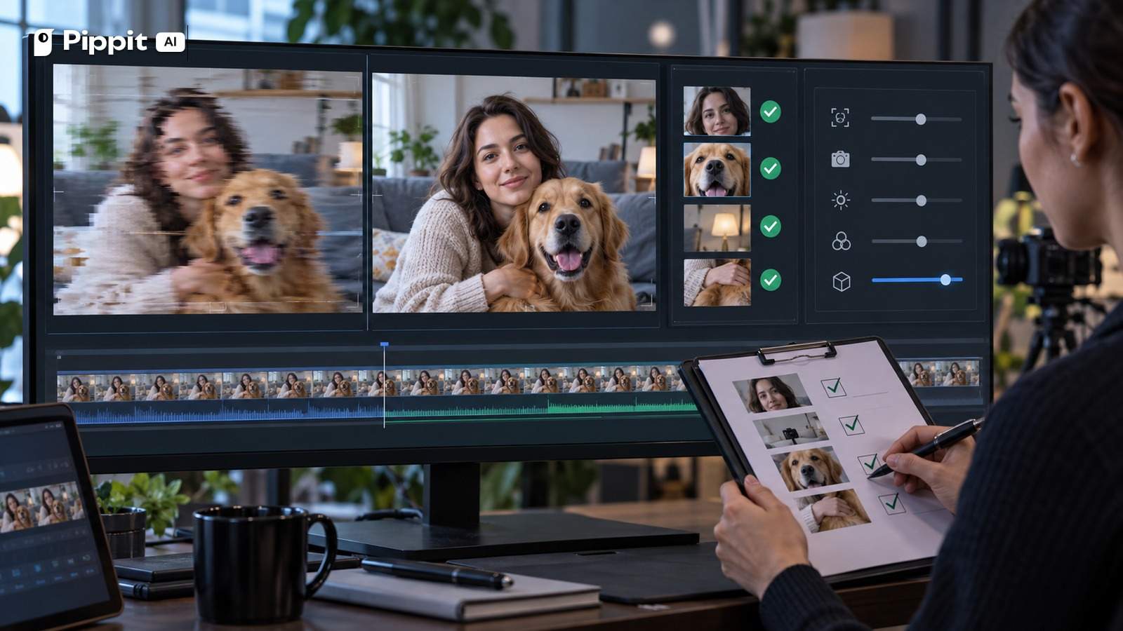 A creator compares failed and corrected video frames while checking a controlled repair log.