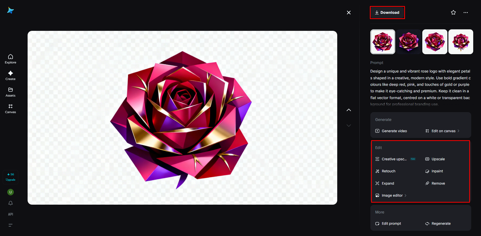 生成されたロゴの洗練およびダウンロード